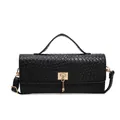Chic black woven texture handbag with gold metal clasp and adjustable shoulder strap - Black