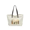 Canvas tote bag with Ancient Egyptian Anubis illustration and dark brown handles - White