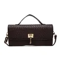 Dark brown faux leather crossbody bag with woven texture and gold metallic lock clasp - Coffee