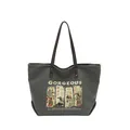 Dark grey canvas tote with Anubis print and brown leather straps for daily commute - Dark Brown