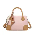 Pink woven handbag with brown leather trim and fashion scarf detail for women - Pink