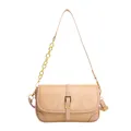 Beige chain shoulder bag with vertical texture and gold metal buckle detail - Khaki