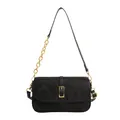 Chic black chain shoulder bag with stripe texture and golden metallic buckle closure - Black