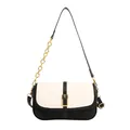 Elegant black and cream contrast chain bag with gold buckle and stylish striped flap - Black and White