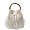 Retro straw bucket bag with dark brown bamboo handle and white leather drawstring strap - White