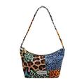 Chic leopard print underarm bag with blue and orange patchwork design and cat logo - Colorful Leopard