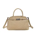 Beige quilted leather handbag with silver lock and adjustable shoulder strap on white base - Khaki