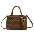 Brown pleated fish-scale tote bag with dual handles and long tassels on white background - Dark Khaki