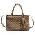 Khaki tote bag with fish scale pleated texture and long tassel rhinestone charm - Light Khaki