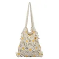 Handmade crochet daisy tote bag in cream white with yellow floral details and white lining - White