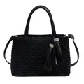 Black fish-scale texture tote bag with stylish fringe tassels and rhinestone rings - Black