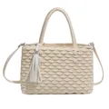 Elegant cream tote bag with fan-shaped pleated texture and rhinestone tassel charm - White