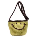 Handmade woven smiley face bucket bag in yellow-green with brown leather crossbody strap - Green