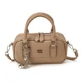 Light brown pebble leather Boston bag with embossed logo and silver charm detail - No Pendant / Khaki
