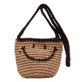 Handwoven khaki and brown bucket bag with a smiley face design and long shoulder strap - Khaki