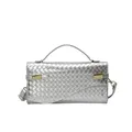 Silver woven crossbody handbag with metallic finish and top handle for women - Silver