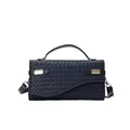 Dark blue woven shoulder bag with asymmetric flap and golden buckles in a minimalist style - Blue