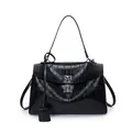 Black crocodile embossed leather handbag with silver clasp and top handle for women - Black