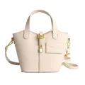 Chic beige lychee grain handbag with gold hardware and adjustable shoulder strap - White