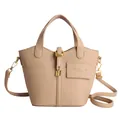 Elegant beige lychee texture leather handbag with golden H-buckle and long strap - Khaki