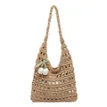 Khaki woven hollow tote bag with green ribbon and tulip pendant for summer fashion - Khaki