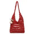 Handmade red hollow woven tote bag with lily of the valley charm and green ribbon - Red