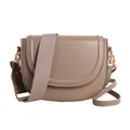Taupe leather saddle bag with wide fabric strap and gold hardware in a minimalist design - Gray