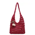 Deep red woven tote bag with tulip pendant and white inner lining shown in front view - Rose Red