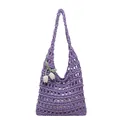 Purple hollow-out crochet tote bag with flower pendant and integrated shoulder strap - Purple