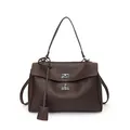Dark brown faux leather shoulder bag with lychee texture and silver twist lock - Coffee