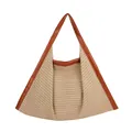 Stroh-Tote-Tasche mit Leopardenmuster, großem Fassungsvermögen und braunen Griffen - Geflochtener Stil / Gebrochenes Weiß