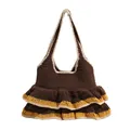 Borsa tote all'uncinetto con balze e strisce gialle in maglia marrone scuro - Marrone