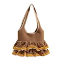 Borsa tote in maglia marrone fatta a mano con balze gialle e design in pizzo a strati - Cachi