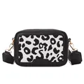 Fashionable black leather crossbody camera bag with leopard print fabric and gold hardware - Leopard Print Black