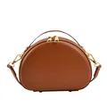 Brown semi-circular PU leather handbag with dual gold zippers and smooth finish - Brown