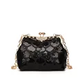 Pochette coquillage à paillettes noires avec fermoir couronne dorée et bandoulière - Noir