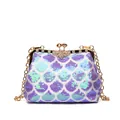 Sac coquillage à paillettes irisées avec fermoir floral en diamant et chaîne dorée - Violet