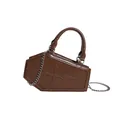 Gothic dark brown coffin-shaped handbag with embossed cross and silver chain strap - Brown
