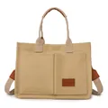 Minimalistische khakifarbene Canvas-Einkaufstasche mit Doppeltaschen und Schultergurt - L34 H25 D14 / Khaki