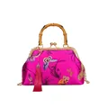 Magenta satin shell bag with floral butterfly embroidery and bamboo top handle - Rose Red