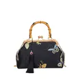 Vintage black silk shell bag with colorful butterfly prints and natural bamboo handle - Black