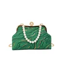 Sac coquille en jacquard à vagues vertes avec anse en perles et cadre doré - Vert