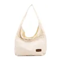 Bolso tote minimalista de pana beige con rayas verticales y parche de cuero - Blanco