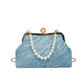 Sac coquille en jacquard bleu et or avec anse en perles et bandoulière en chaîne - Bleu