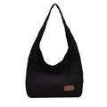 Bolso hobo clásico de pana negra con un parche de cuero marrón de estilo vintage - Negro