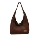Bolso tote de pana marrón oscuro con rayas verticales y etiqueta de cuero de moda - Marrón