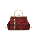 Elegant red rose floral shell bag with golden handle and decorative pearl tassel - Red