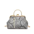 Vintage shell bag with gray-white rose patterns, gold handle and pearl tassel - Gray