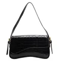 Glossy black crocodile pattern handbag with curved base and golden metal hardware - Black