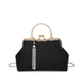 Retro black floral evening bag with golden handle and elegant pearl tassel fringe - Black